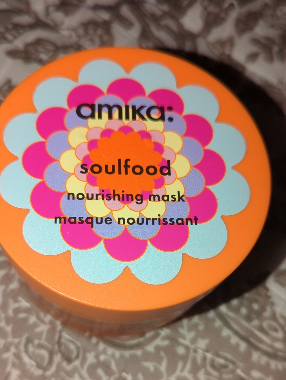 amika Soulfood Nourishing Mask — Orange with Pink & Light Blue Floral Lid